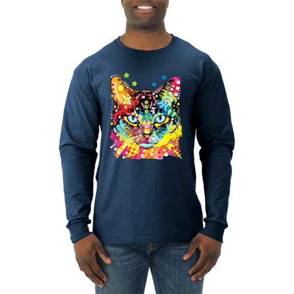 Wild Bobby Dean Russo Colorful Blue Eyes Cat Cat Lover Men Long Sleeve Shirt, Vintage Heather Navy, Medium