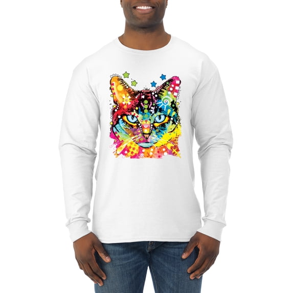 Wild Bobby Dean Russo Colorful Blue Eyes Cat Cat Lover Men Long Sleeve Shirt, White, Medium