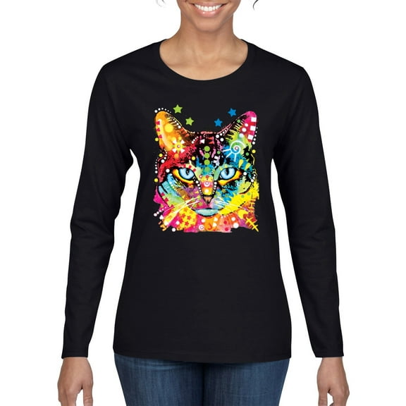 Wild Bobby Dean Russo Colorful Blue Eyes Cat Cat Lover Women Graphic Long Sleeve Tee, Black, Small