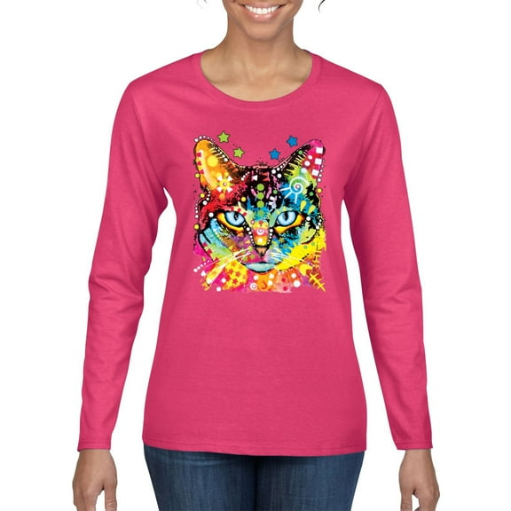 Wild Bobby Dean Russo Colorful Blue Eyes Cat Cat Lover Women Graphic Long Sleeve Tee, Fuschia, Medium
