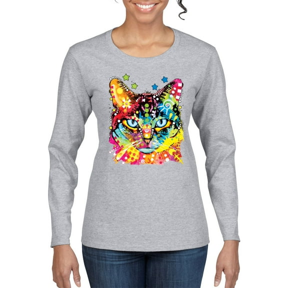 Wild Bobby Dean Russo Colorful Blue Eyes Cat Cat Lover Women Graphic Long Sleeve Tee, Heather Grey, Large