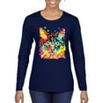 thumbnail image 1 of Wild Bobby Dean Russo Colorful Blue Eyes Cat Cat Lover Women Graphic Long Sleeve Tee, Navy, Large, 1 of 5