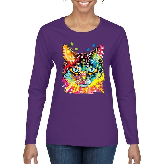 Wild Bobby Dean Russo Colorful Blue Eyes Cat Cat Lover Women Graphic Long Sleeve Tee, Purple, Medium