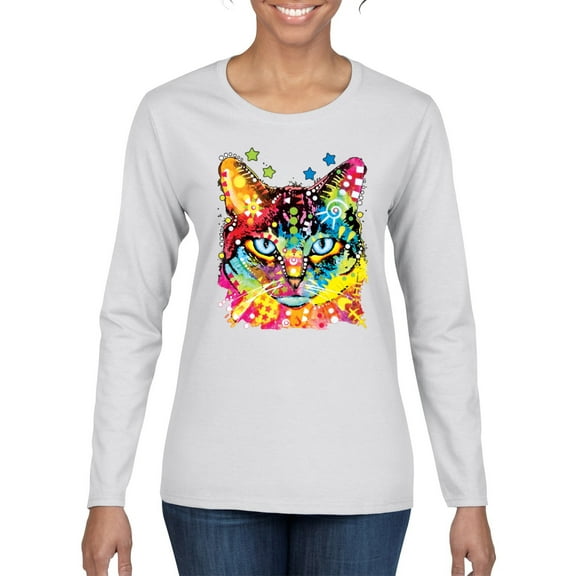 Wild Bobby Dean Russo Colorful Blue Eyes Cat Cat Lover Women Graphic Long Sleeve Tee, White, Medium