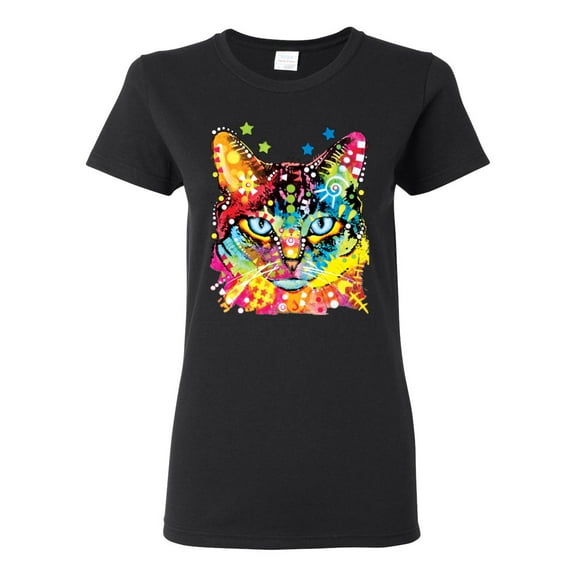 Wild Bobby Dean Russo Colorful Blue Eyes Cat Cat Lover Women Graphic Tee, Black, Small