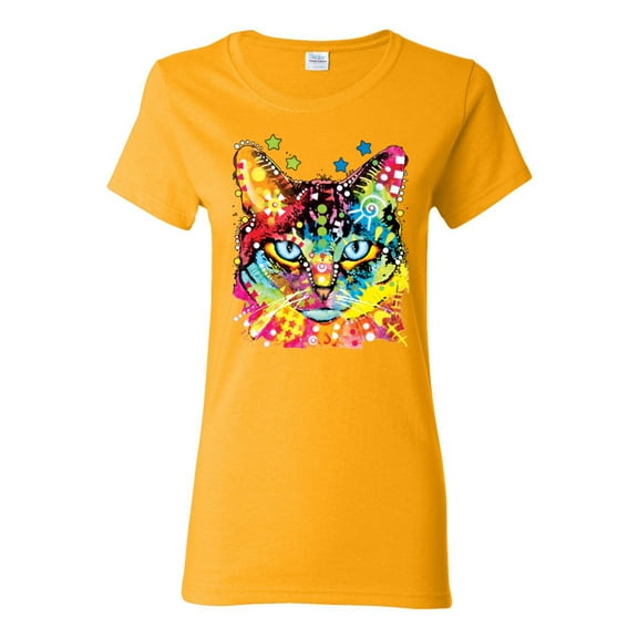 Wild Bobby Dean Russo Colorful Blue Eyes Cat Cat Lover Women Graphic Tee, Gold, Medium