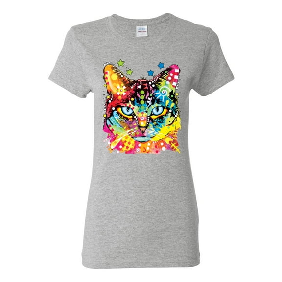 Wild Bobby Dean Russo Colorful Blue Eyes Cat Cat Lover Women Graphic Tee, Heather Grey, X-Large