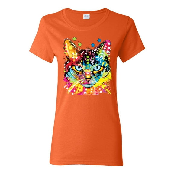 Wild Bobby Dean Russo Colorful Blue Eyes Cat Cat Lover Women Graphic Tee, Orange, Small