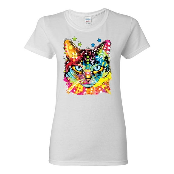 Wild Bobby Dean Russo Colorful Blue Eyes Cat Cat Lover Women Graphic Tee, White, Large