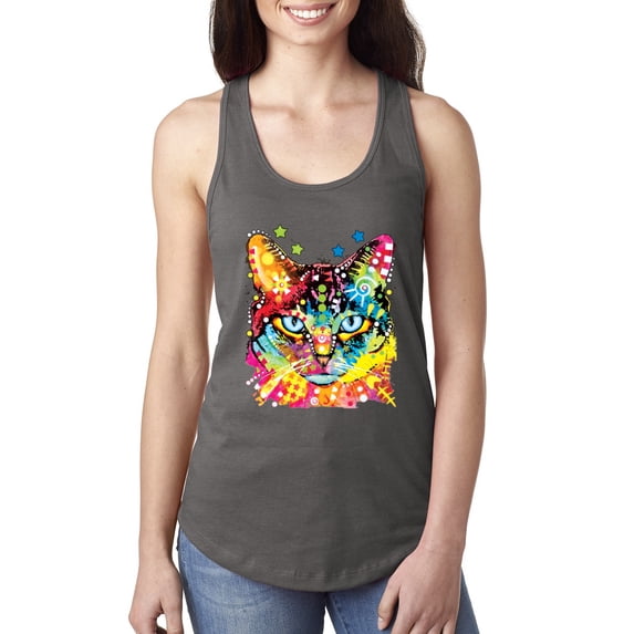 Wild Bobby Dean Russo Colorful Blue Eyes Cat Cat Lover Women Racerback Tank Top, Dark Grey, Medium