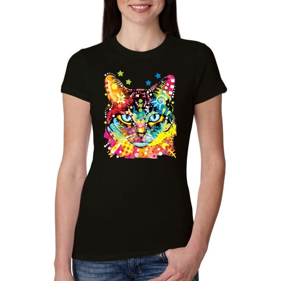 Wild Bobby Dean Russo Colorful Blue Eyes Cat Cat Lover Women Slim Fit Junior Tee, Black, Medium