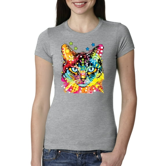 Wild Bobby Dean Russo Colorful Blue Eyes Cat Cat Lover Women Slim Fit Junior Tee, Heather Grey, Medium