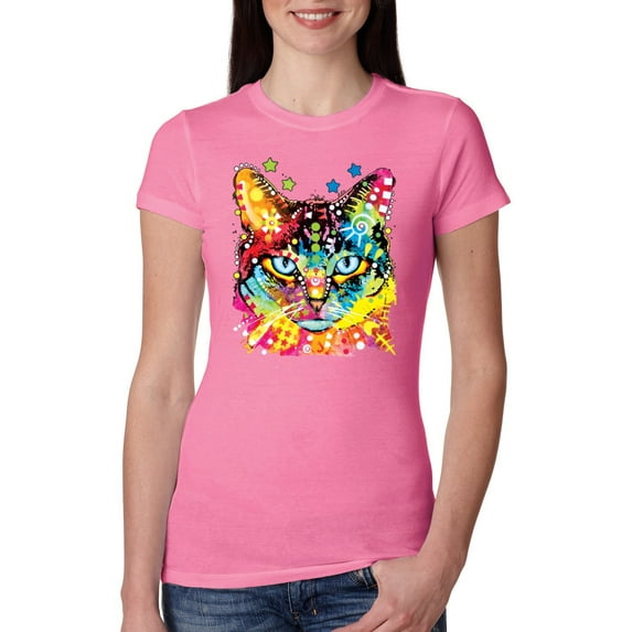 Wild Bobby Dean Russo Colorful Blue Eyes Cat Cat Lover Women Slim Fit Junior Tee, Hot Pink, Medium