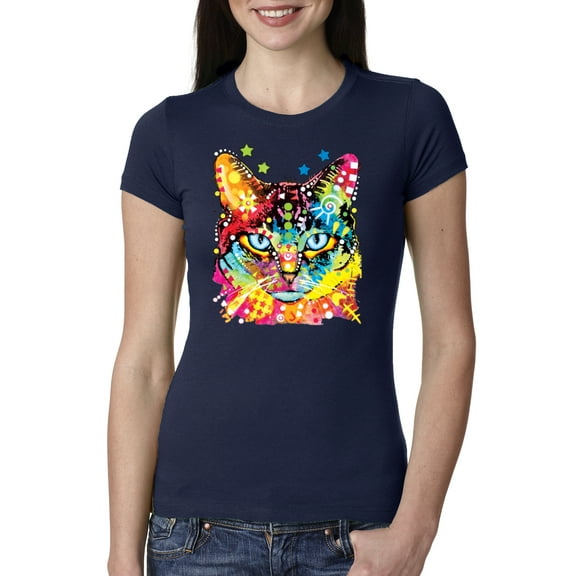 Wild Bobby Dean Russo Colorful Blue Eyes Cat Cat Lover Women Slim Fit Junior Tee, Navy, Large