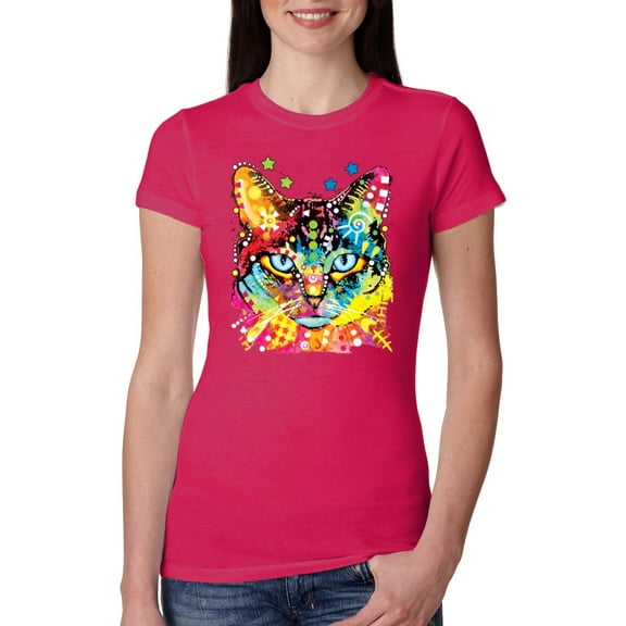 Wild Bobby, Dean Russo Colorful Blue Eyes Cat Cat Lover Women Slim Fit Junior Tee, Raspberry, Small