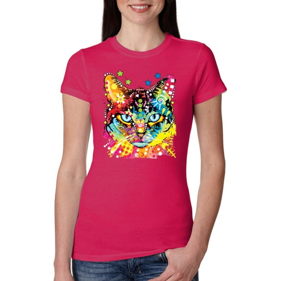 Wild Bobby, Dean Russo Colorful Blue Eyes Cat Cat Lover Women Slim Fit Junior Tee, Raspberry, XX-Large