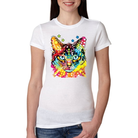 Wild Bobby Dean Russo Colorful Blue Eyes Cat Cat Lover Women Slim Fit Junior Tee, White, Medium