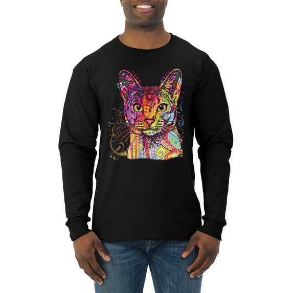 Wild Bobby Dean Russo Colorful Cat Abyssinian Cat Lover Men Long Sleeve Shirt, Black, Small