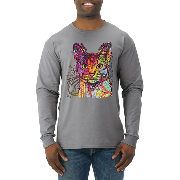 Wild Bobby Dean Russo Colorful Cat Abyssinian Cat Lover Men Long Sleeve Shirt, Heather Grey, X-Large