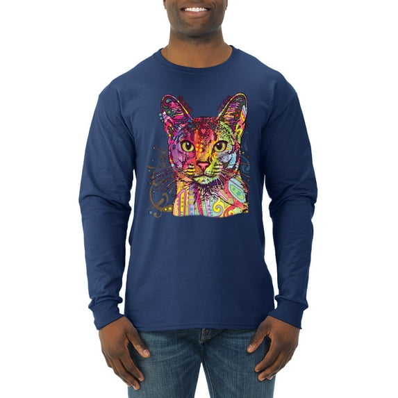 Wild Bobby Dean Russo Colorful Cat Abyssinian Cat Lover Men Long Sleeve Shirt, Navy, Small