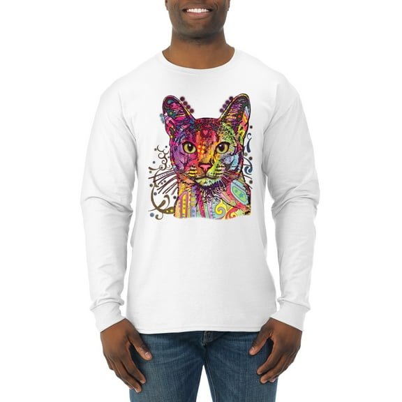 Wild Bobby Dean Russo Colorful Cat Abyssinian Cat Lover Men Long Sleeve Shirt, White, Small