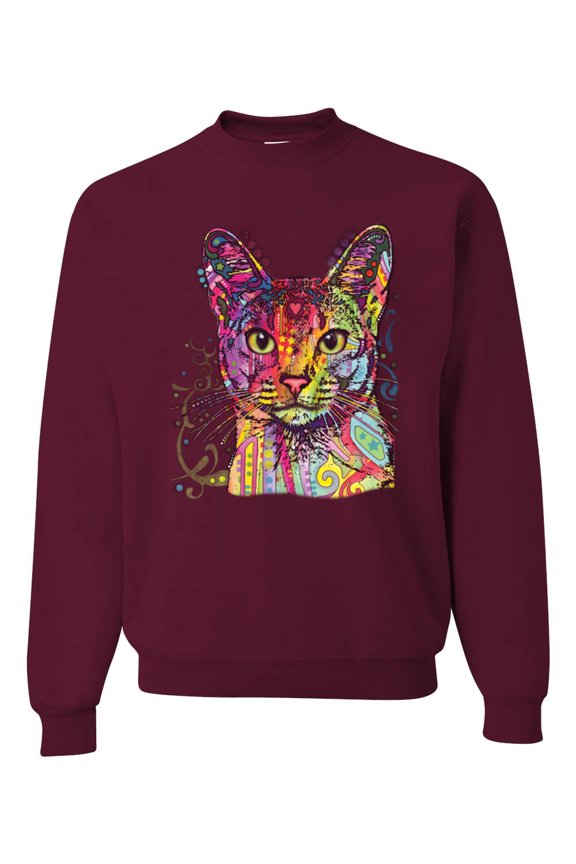 Dean Russo Colorful Cat Abyssinian Cat Lover Unisex Crewneck Graphic Sweatshirt, Maroon, Large
