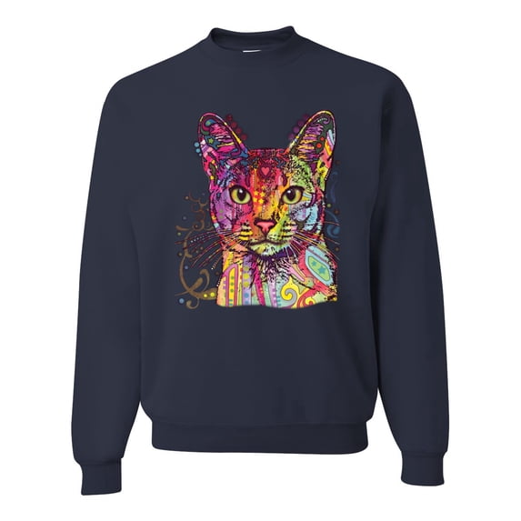 Wild Bobby Dean Russo Colorful Cat Abyssinian Cat Lover Unisex Crewneck Graphic Sweatshirt, Navy, Medium