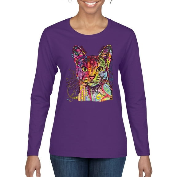 Wild Bobby Dean Russo Colorful Cat Abyssinian Cat Lover Women Graphic Long Sleeve Tee, Purple, XX-Large