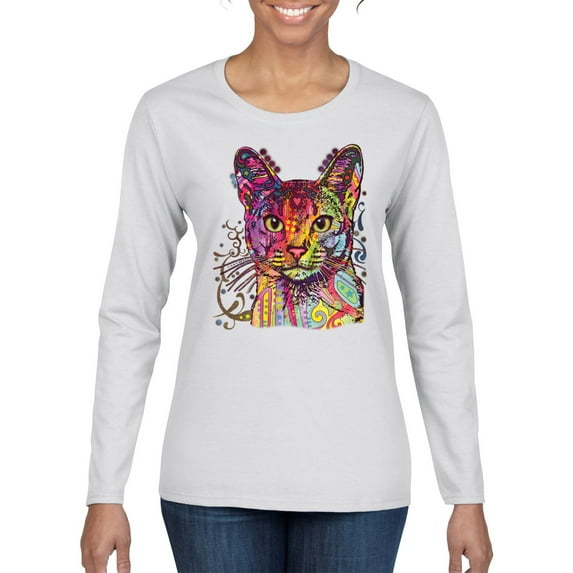 Wild Bobby Dean Russo Colorful Cat Abyssinian Cat Lover Women Graphic Long Sleeve Tee, White, Large