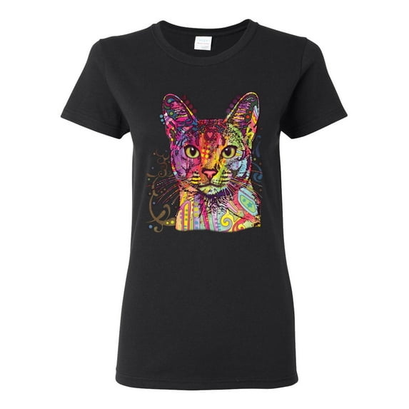 Wild Bobby Dean Russo Colorful Cat Abyssinian Cat Lover Women Graphic Tee, Black, Small
