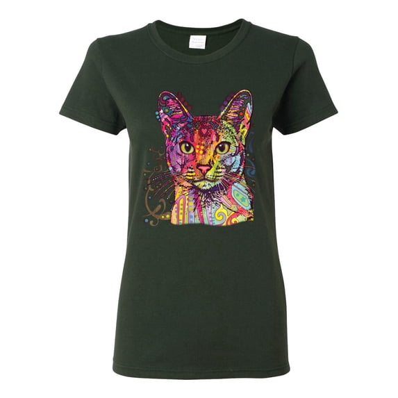 Wild Bobby Dean Russo Colorful Cat Abyssinian Cat Lover Women Graphic Tee, Forest Green, 3X-Large