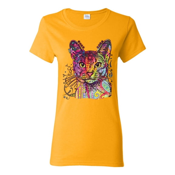 Wild Bobby Dean Russo Colorful Cat Abyssinian Cat Lover Women Graphic Tee, Gold, Medium