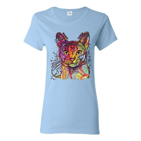 Wild Bobby Dean Russo Colorful Cat Abyssinian Cat Lover Women Graphic Tee, Light Blue, Medium