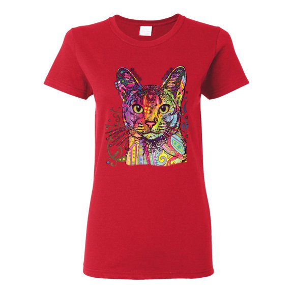 Wild Bobby Dean Russo Colorful Cat Abyssinian Cat Lover Women Graphic Tee, Red, Small