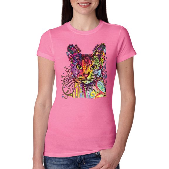 Wild Bobby Dean Russo Colorful Cat Abyssinian Cat Lover Women Slim Fit Junior Tee, Hot Pink, Small