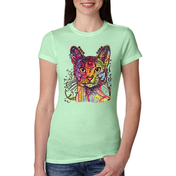 Wild Bobby Dean Russo Colorful Cat Abyssinian Cat Lover Women Slim Fit Junior Tee, Mint, X-Large