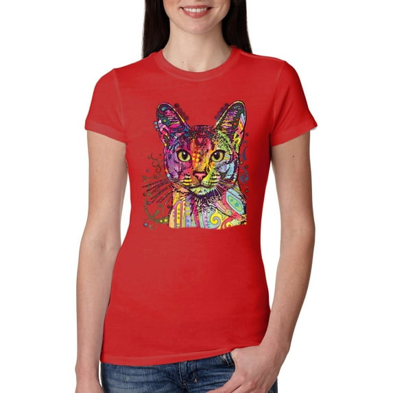 Wild Bobby Dean Russo Colorful Cat Abyssinian Cat Lover Women Slim Fit Junior Tee, Red, Medium
