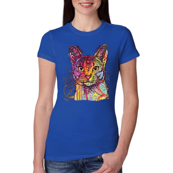 Wild Bobby Dean Russo Colorful Cat Abyssinian Cat Lover Women Slim Fit Junior Tee, Royal, X-Large
