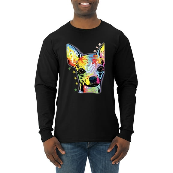 Wild Bobby Dean Russo Colorful Chihuahua Dog Lover Men Long Sleeve Shirt, Black, Medium