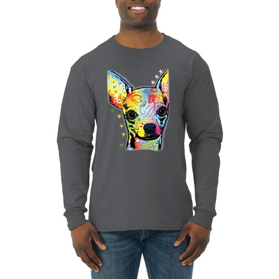 Wild Bobby Dean Russo Colorful Chihuahua Dog Lover Men Long Sleeve Shirt, Charcoal, 3X-Large