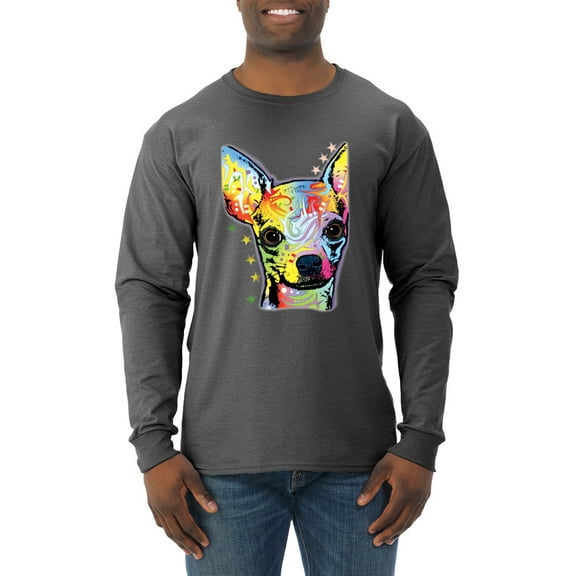 Wild Bobby Dean Russo Colorful Chihuahua Dog Lover Men Long Sleeve Shirt, Heather Black, Small