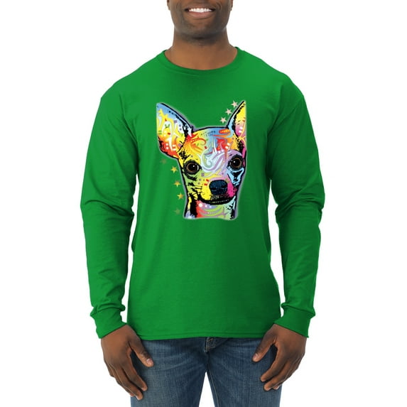 Wild Bobby, Dean Russo Colorful Chihuahua Dog Lover Men Long Sleeve Shirt, Kelly, 3X-Large