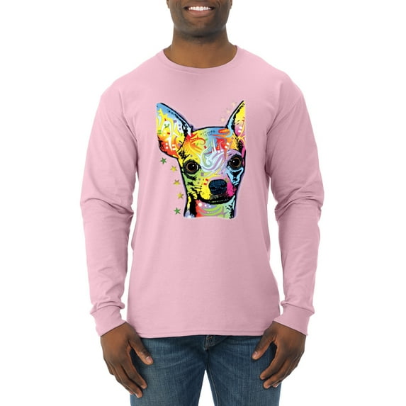 Wild Bobby, Dean Russo Colorful Chihuahua Dog Lover Men Long Sleeve Shirt, Light Pink, X-Large