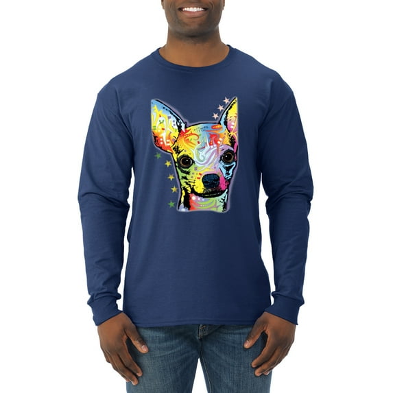Wild Bobby Dean Russo Colorful Chihuahua Dog Lover Men Long Sleeve Shirt, Navy, 3X-Large
