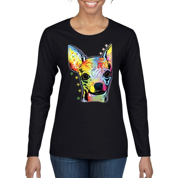 Wild Bobby Dean Russo Colorful Chihuahua Dog Lover Women Graphic Long Sleeve Tee, Black, Large