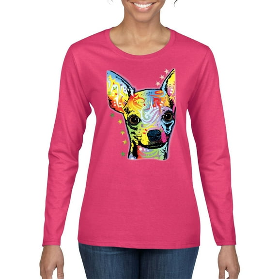 Wild Bobby Dean Russo Colorful Chihuahua Dog Lover Women Graphic Long Sleeve Tee, Fuschia, Medium