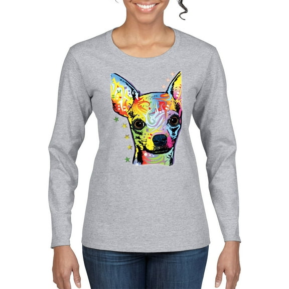 Wild Bobby Dean Russo Colorful Chihuahua Dog Lover Women Graphic Long Sleeve Tee, Heather Grey, X-Large