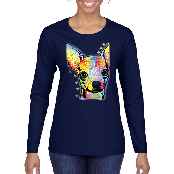 Wild Bobby Dean Russo Colorful Chihuahua Dog Lover Women Graphic Long Sleeve Tee, Navy, Small