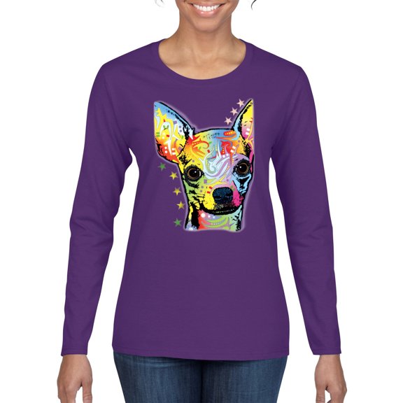 Wild Bobby Dean Russo Colorful Chihuahua Dog Lover Women Graphic Long Sleeve Tee, Purple, Medium