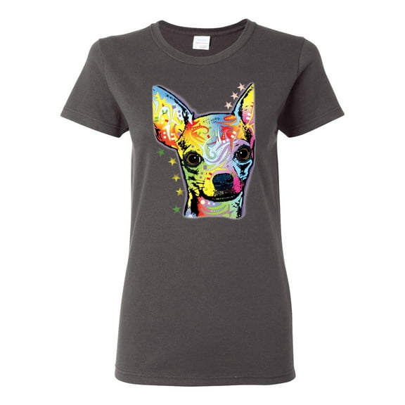 Wild Bobby Dean Russo Colorful Chihuahua Dog Lover Women Graphic Tee, Charcoal, X-Large